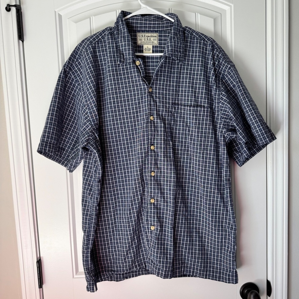 US Expedition Mens XL Navy Plaid Cotton Short Sleeve Button Down